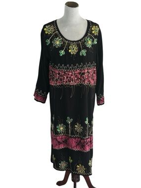 Black Long-Sleeve Embroidered Midi Dress with Pink and Green Accents Boho Ethnic